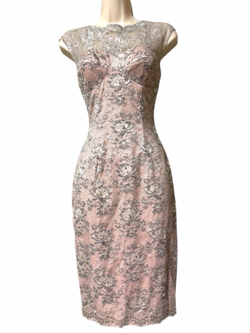 Julian Joyce by Mandalay Silver & Nude Lace Sheath Dress  Archive Size 4